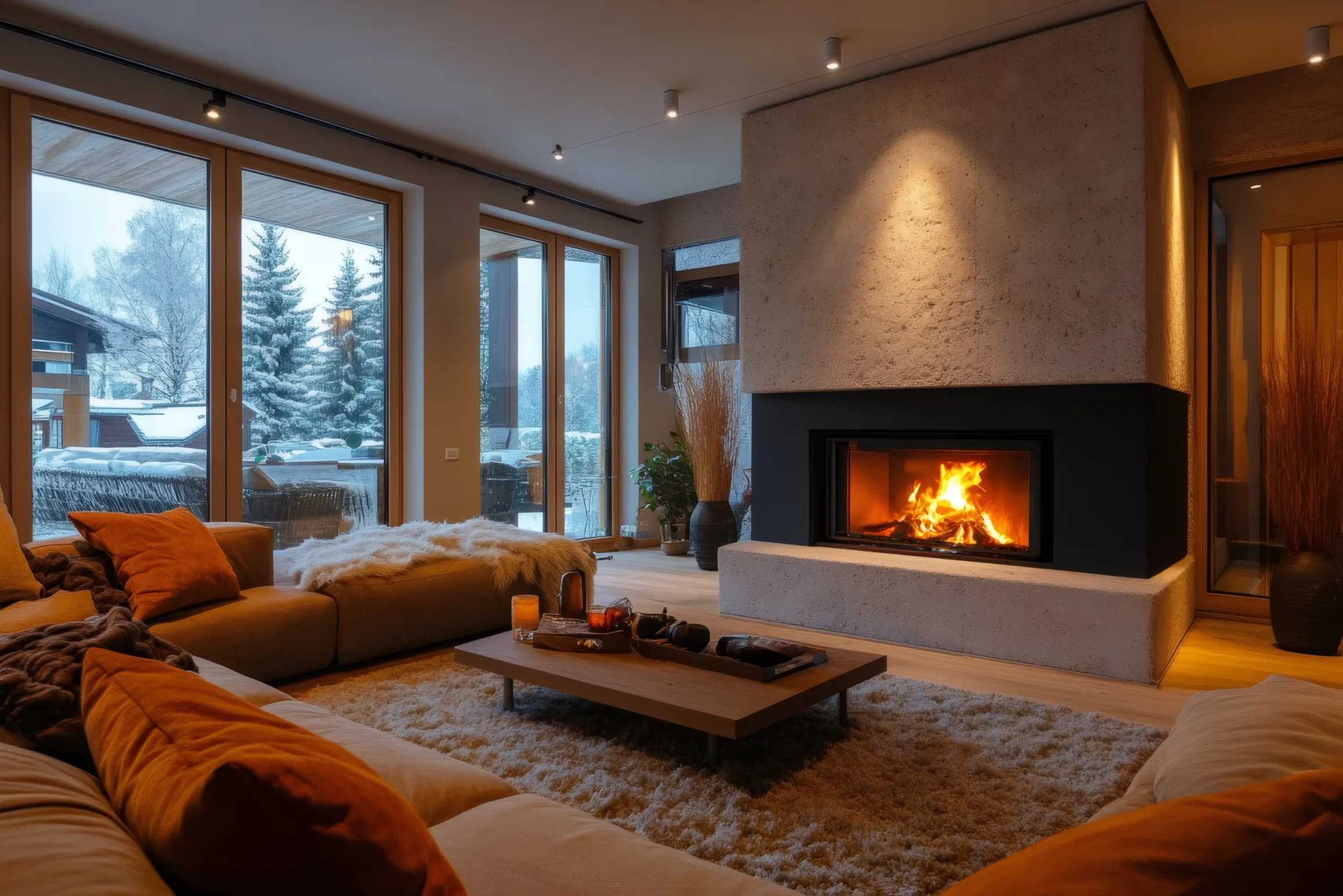 modern living room with fireplace warming cozy home in winter evening photo 1